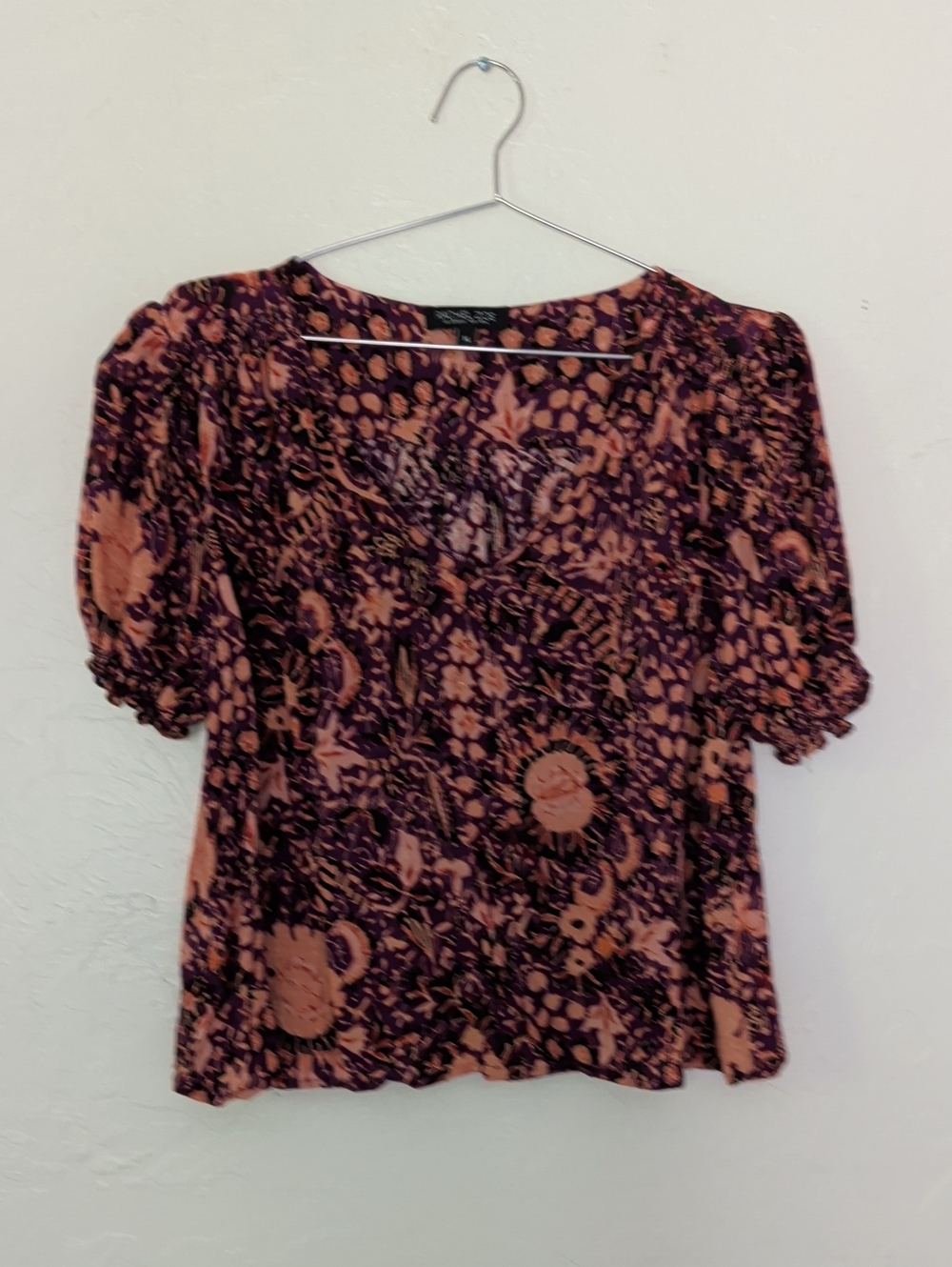 Rachel Zoe Purple and Brown Floral Puff Sleeve Blouse